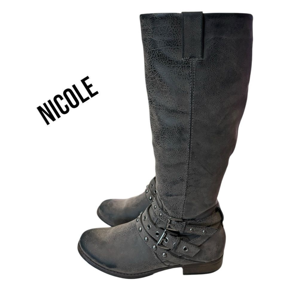 Nicole "Barolo" Dark Grey Tall Western Double Ankle Straps Zipper Boots 7.5